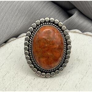 RB LARGE ORANGE CORAL AND STERLING SILVER RING 13.62G / Sz 7